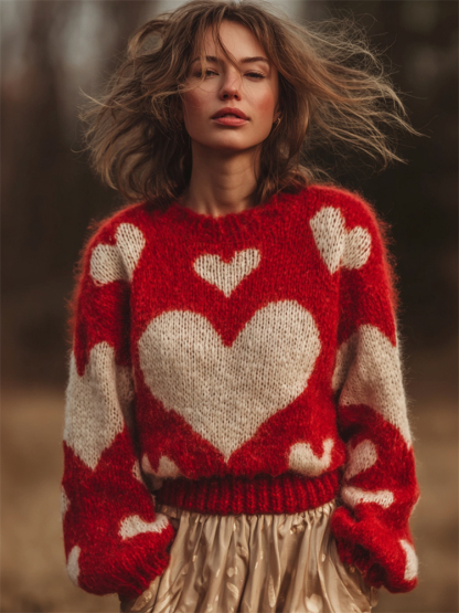 Vintage Valentine's Day Hearts Inspired Cozy Knit Sweater