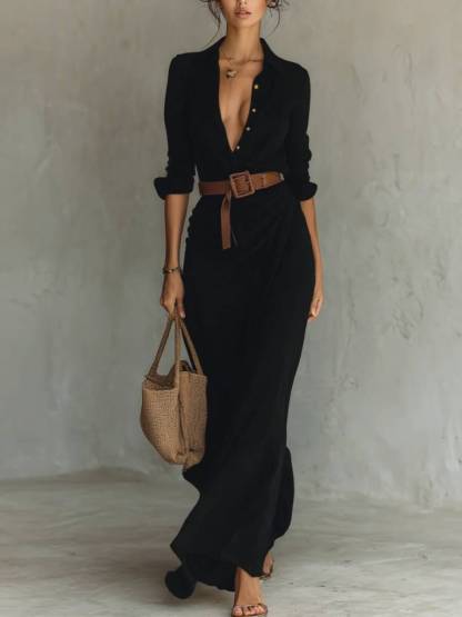 Ladies Lapel Single Breasted Long Sleeve Belted Maxi Dress