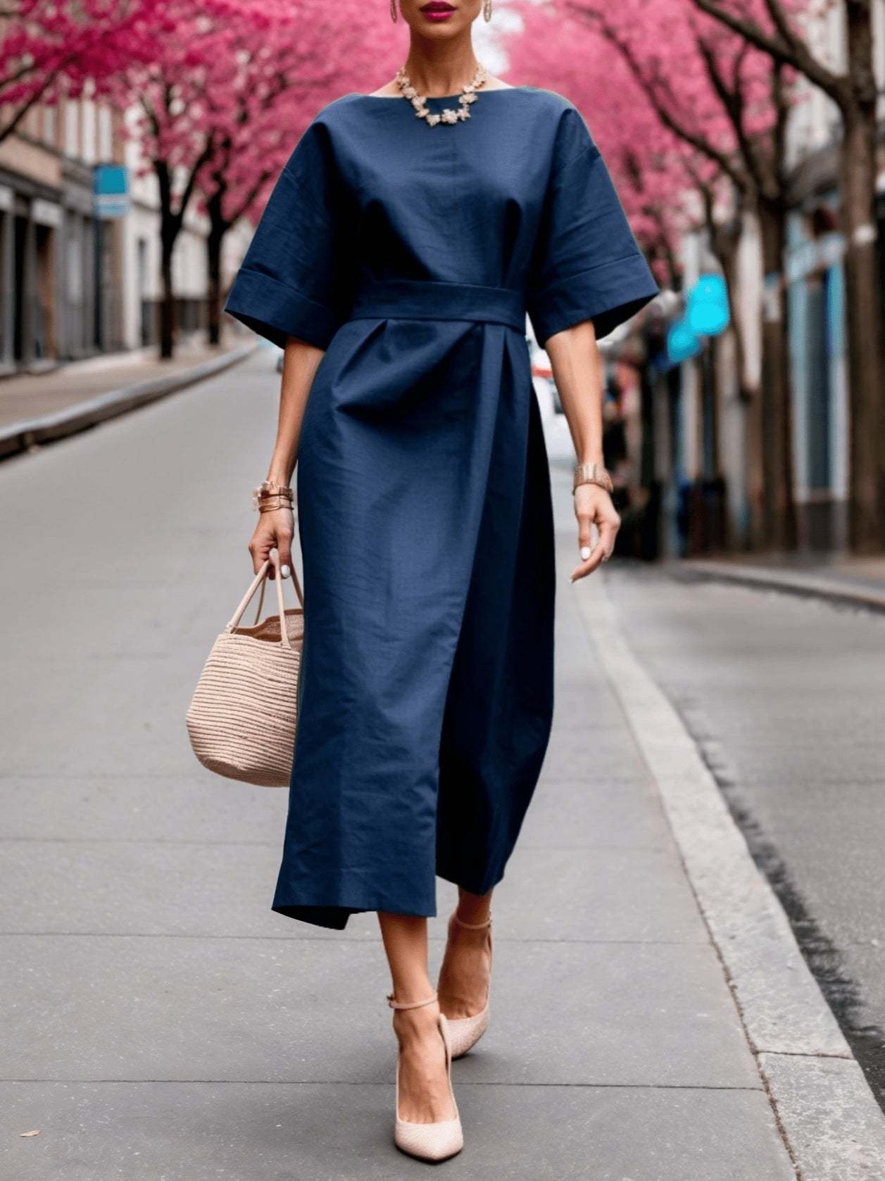 Linen Boat Neck Tie Loose Dress