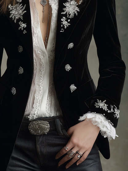 Vintage Embroidered Puff Sleeves Velvet Lapels Blzaer