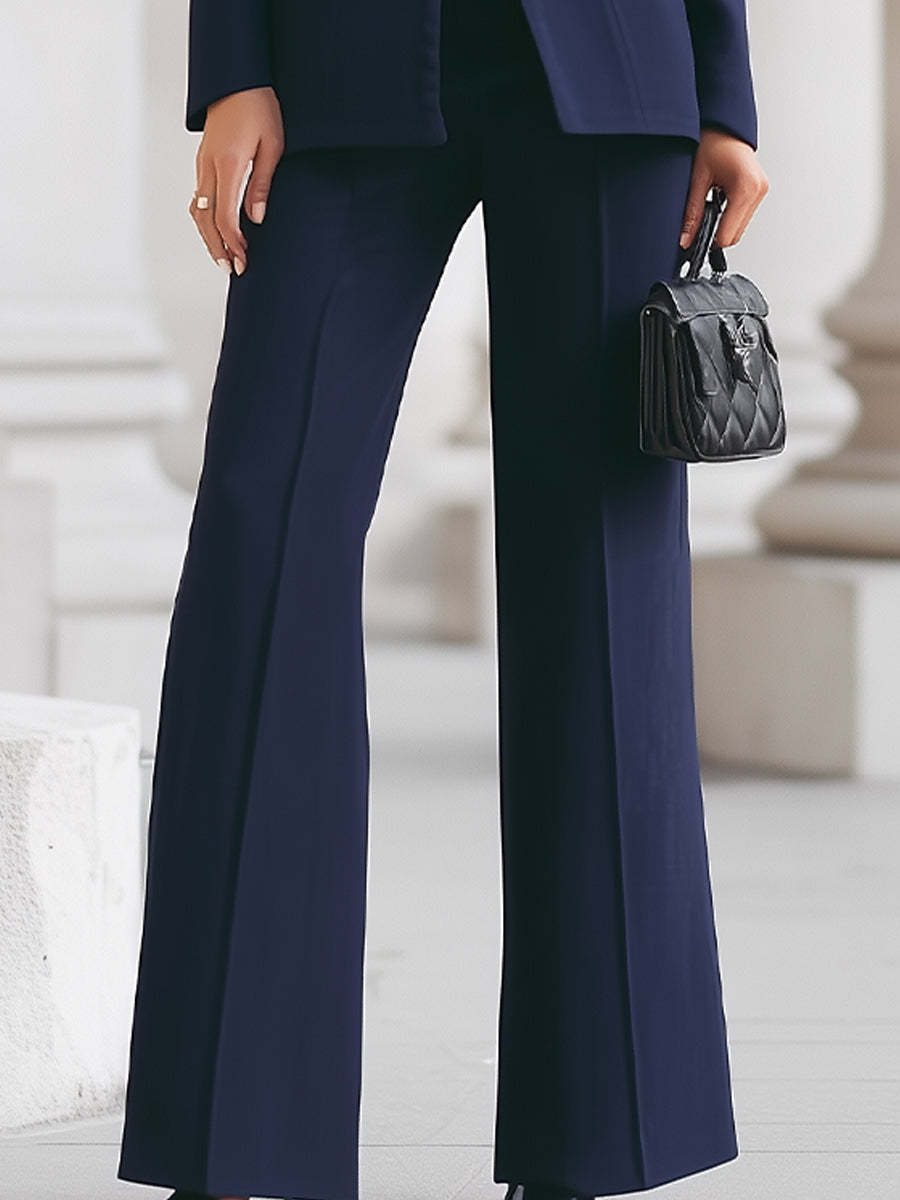 Sophisticated Navy High-Collar Blazer & Wide-Leg Trousers Set