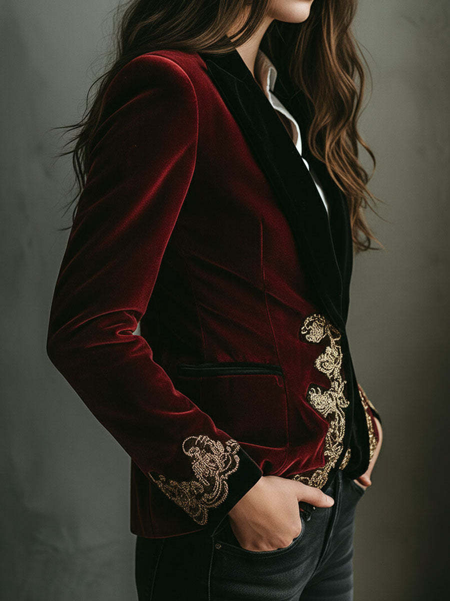 Elegant Black Collar Gold Luxury Embroidered Velvet Blazer
