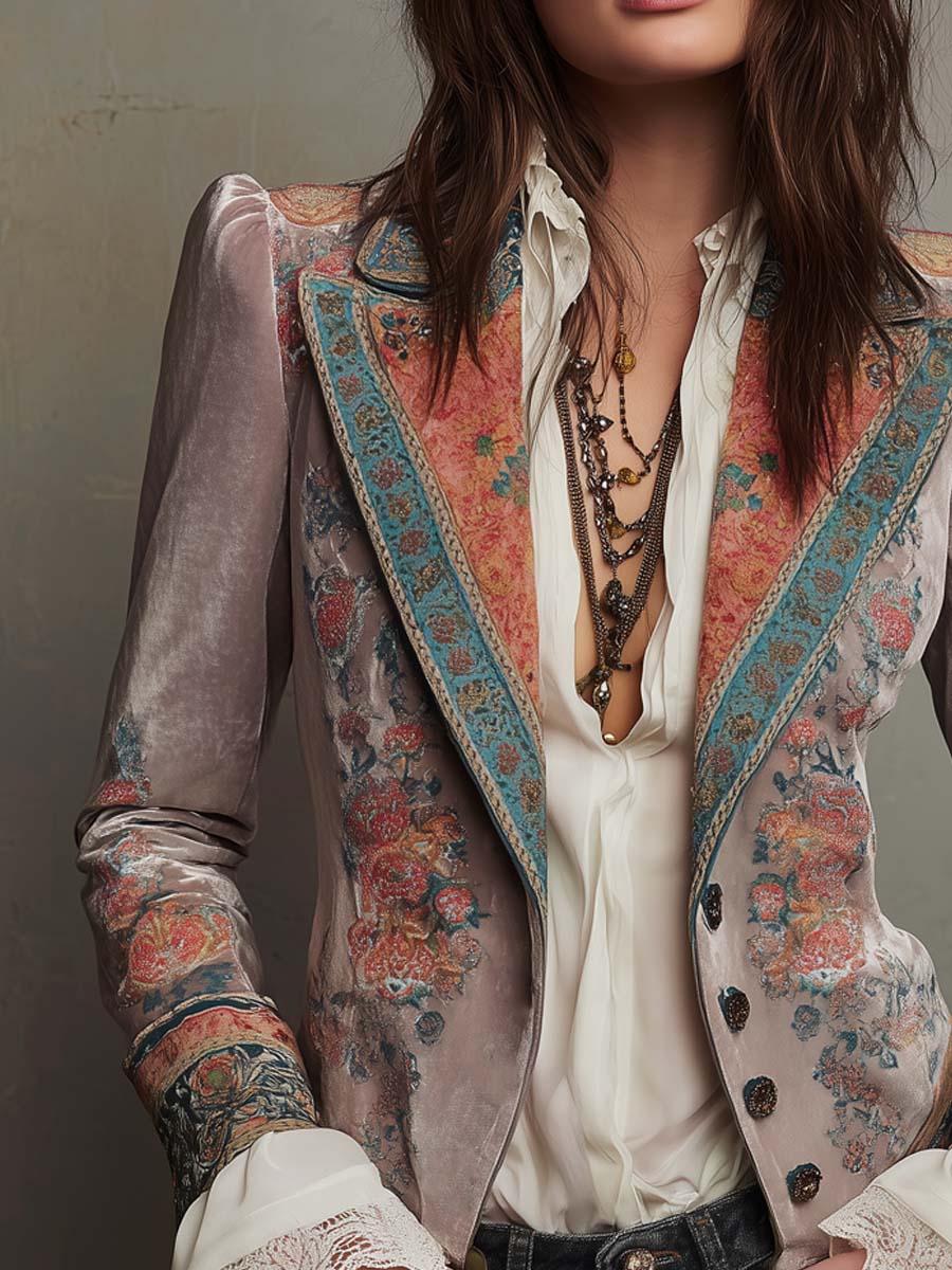 Vintage Button Floral Polyester Velvet Blazer