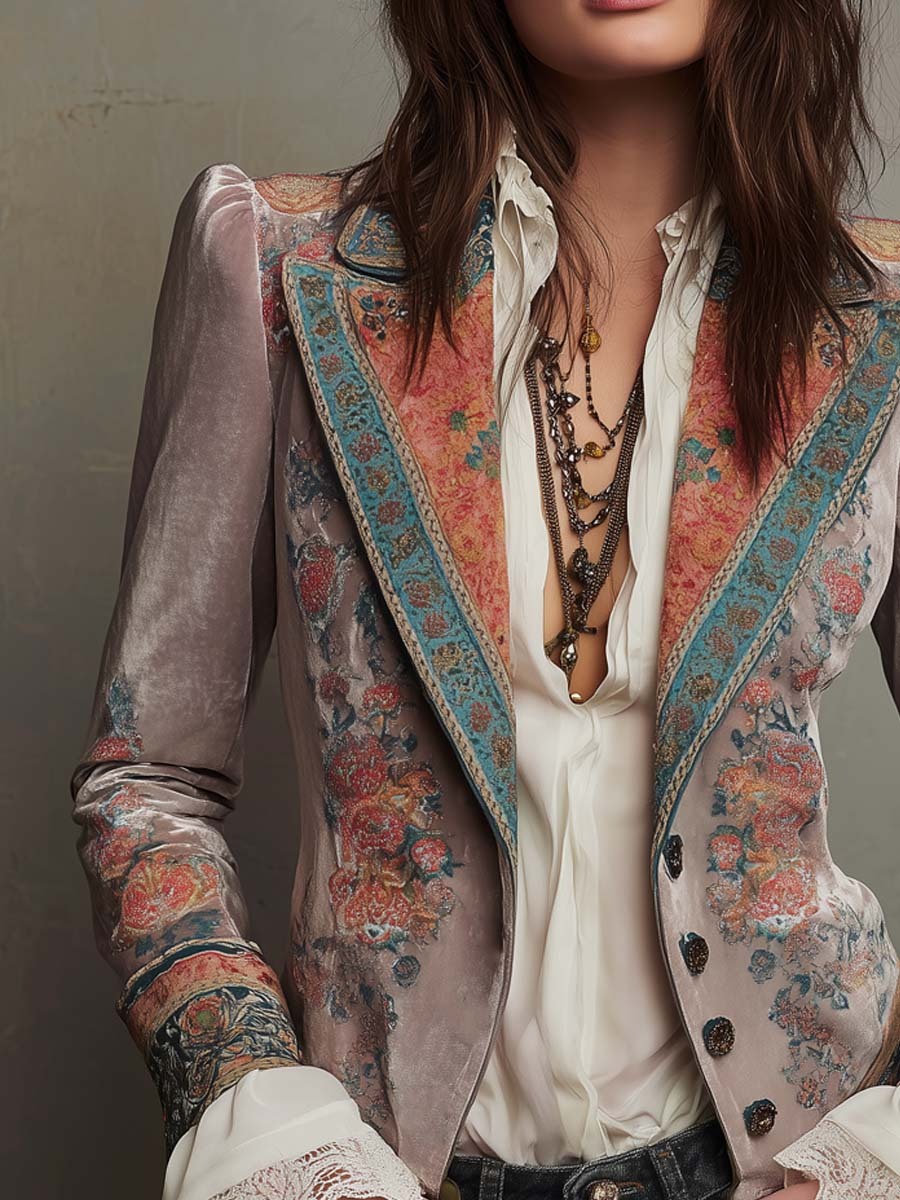Vintage Button Floral Polyester Velvet Blazer