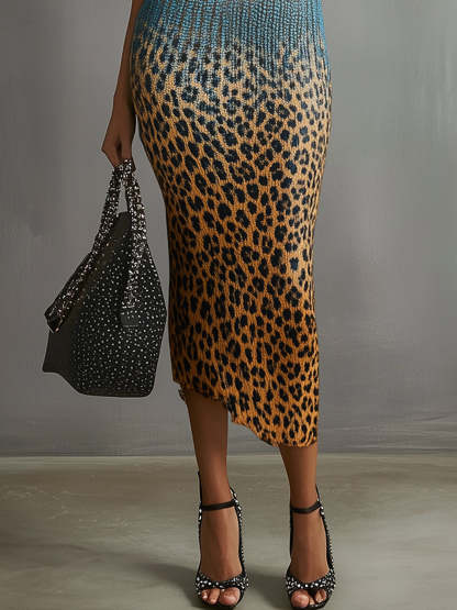 Blue Gradient Leopard Print Deep V-Neck Bodycon Dress