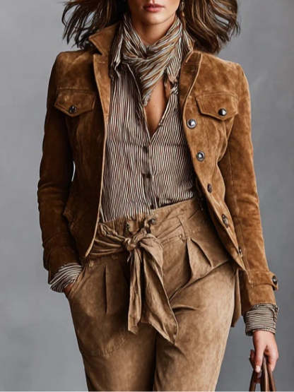Brown Suede Single-Breasted Lapel Cropped Jacket