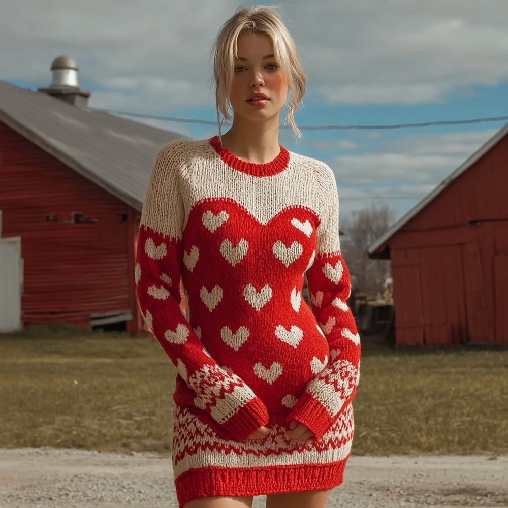 Vintage Valentine's Day Hearts Pattern Cozy Knit Sweater Dress