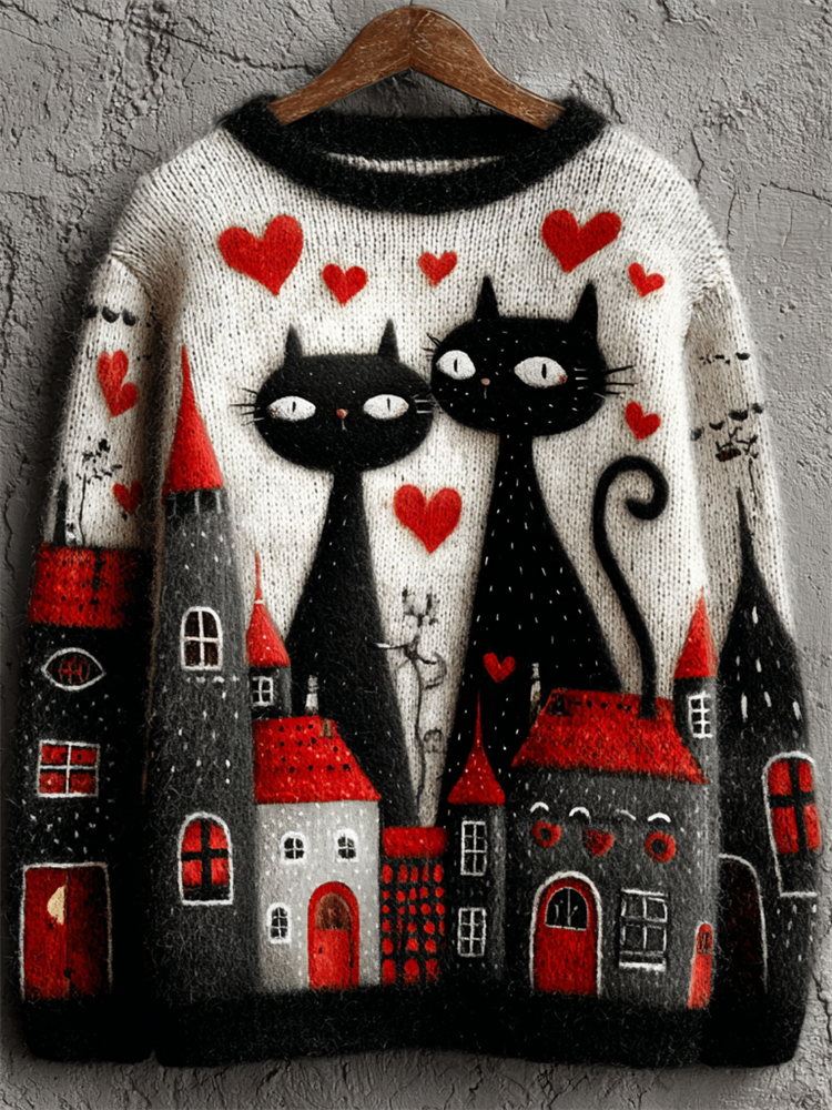 Lovely Valentine's Day Cats Lovers Contrast Cozy Knit Sweater