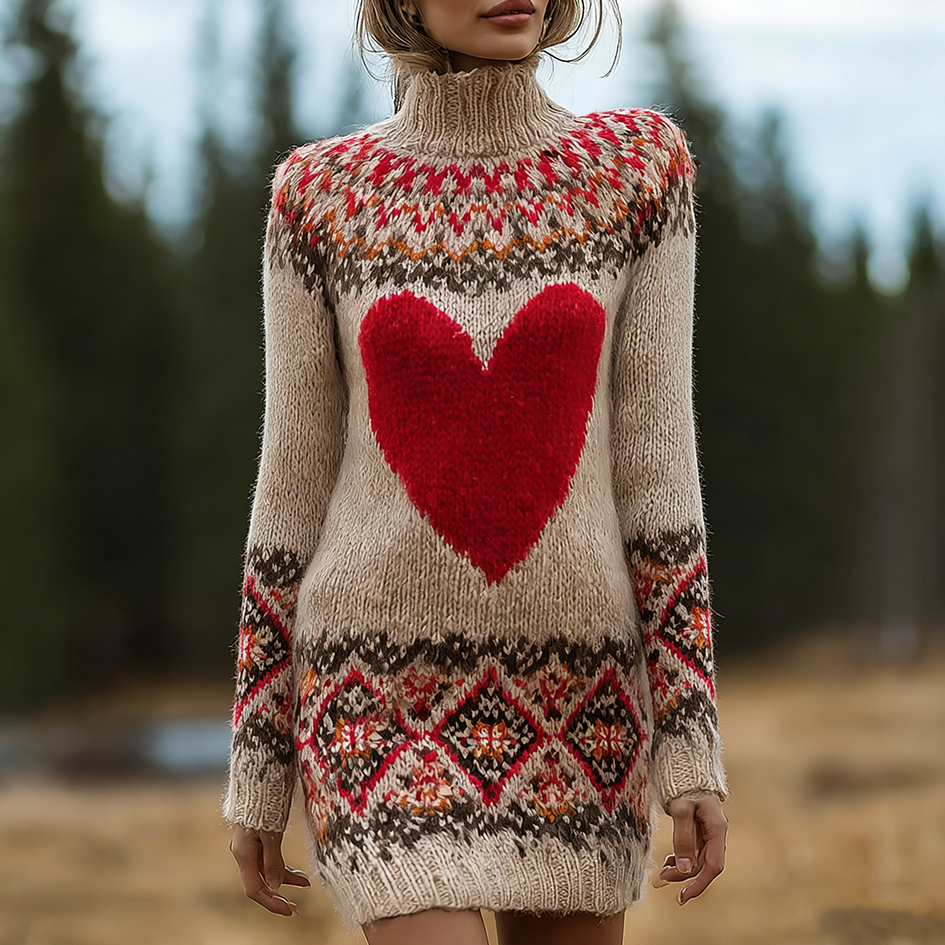 Valentine's Day Love Heart Pattern Women's High Neck Sweater Dress