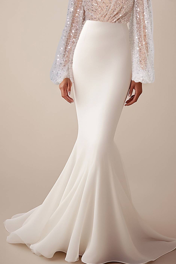 White Mermaid Wedding Dress Long Sleeves Sequins Formal Gown