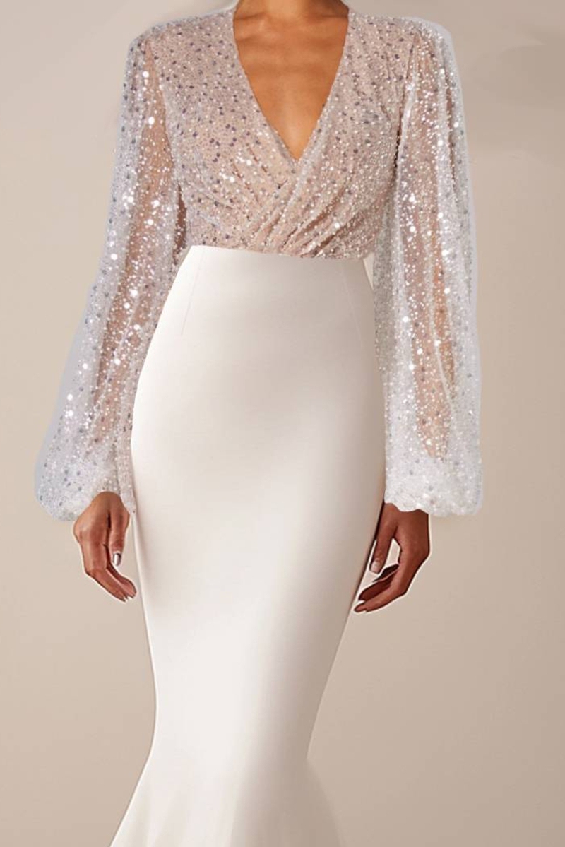 White Mermaid Wedding Dress Long Sleeves Sequins Formal Gown