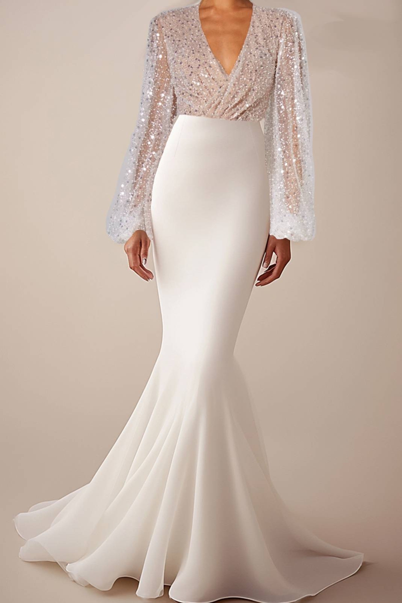 White Mermaid Wedding Dress Long Sleeves Sequins Formal Gown