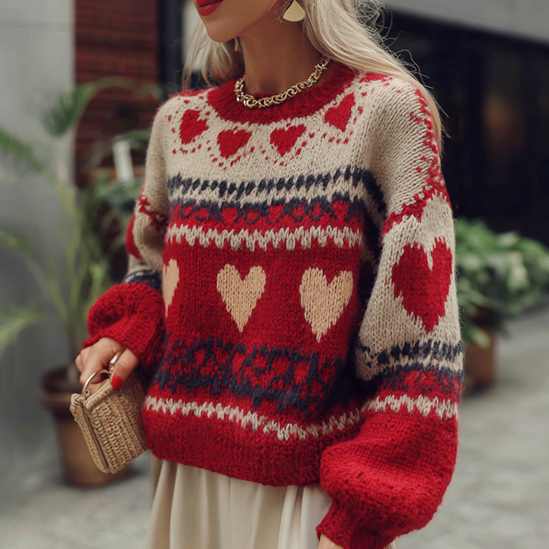 Women's Valentine's Day Heart Pattern Comfortable Knit Sweater