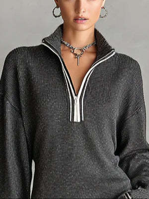 Fashion Loose Knit White Trim Zipper Polo Neck Mini Dress