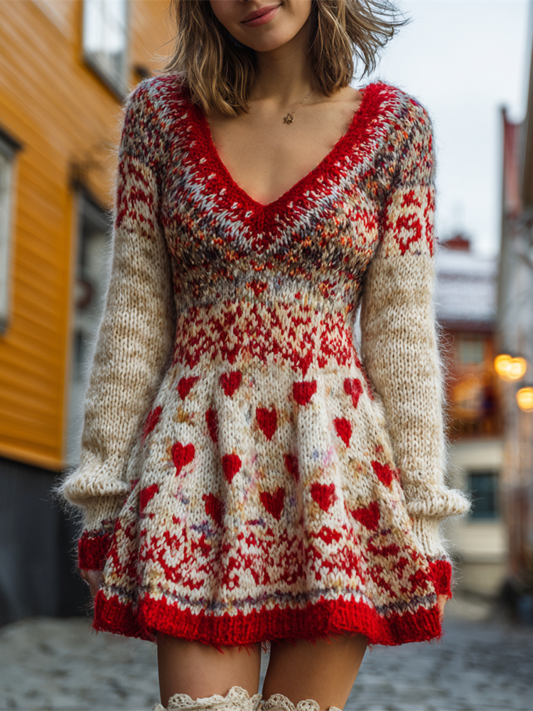 Valentine's Day Love Pattern Women's Icelandic V-neck Sweater Dress