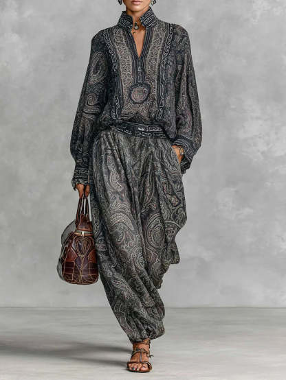 Vintage Paisley Print Long Sleeve Shirt Trousers Two-piece Set
