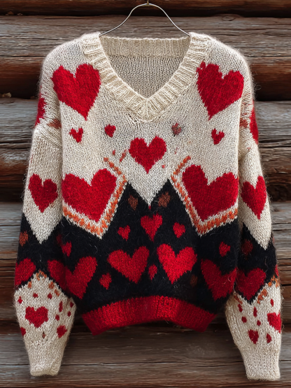 Valentine's Day Love Heart Pattern Women's V-neck Sweater 2