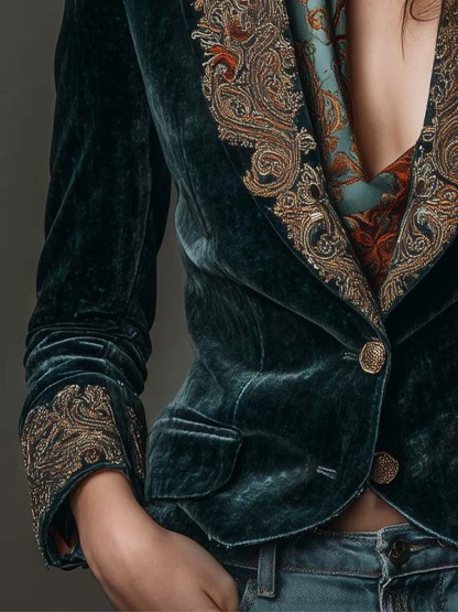 Velvet Blazer With Intricate Embroidered Lapels
