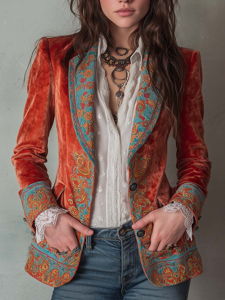 Retro Contrast Color Polyester Velvet Printed Blazer