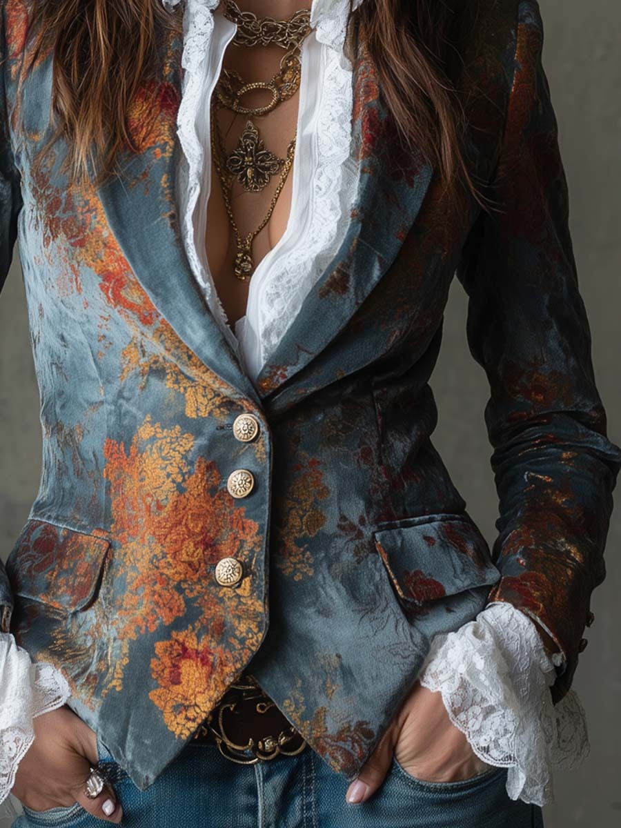 Retro Oil Painting Style Polyester Velvet Printed Double-breasted Blazer