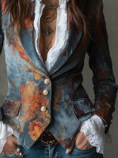 Retro Oil Painting Style Polyester Velvet Printed Double-breasted Blazer