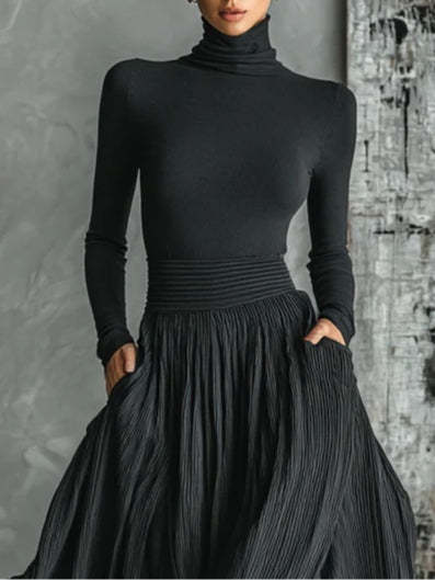 Fashion All Black Skinny Turtleneck T-shirt Pleated Skirt Set