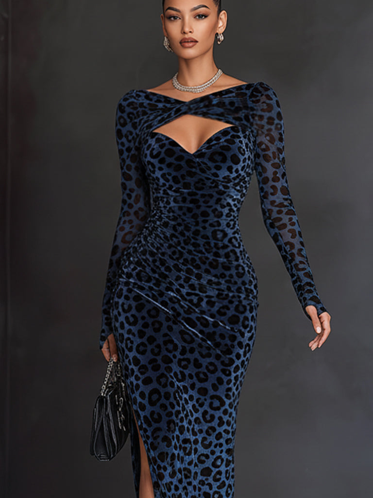 Blue Velvet Leopard Print Mesh Sleeve Cutout Bodycon Dress