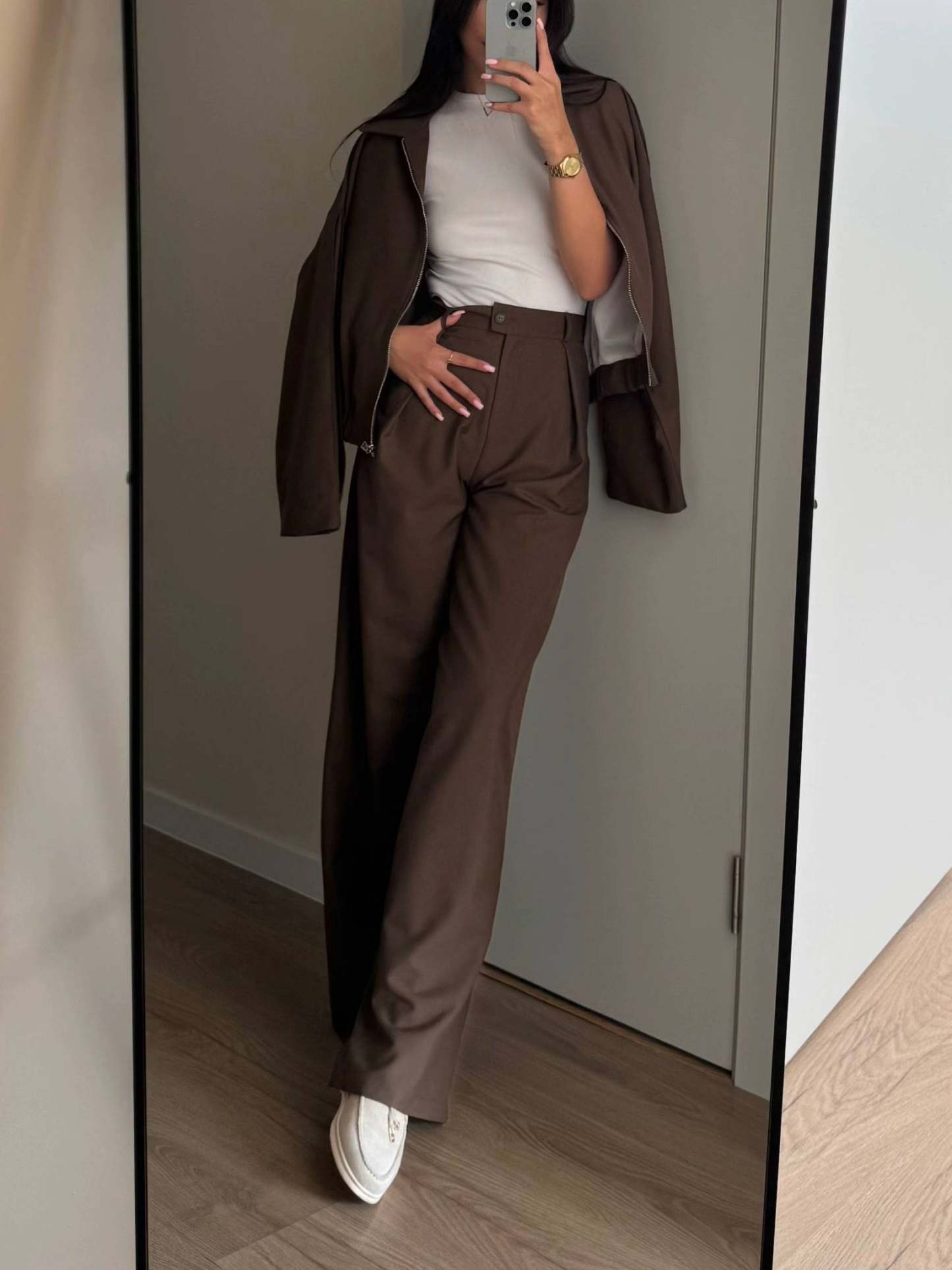 Zippered Jacket And Wide-leg Pants Two-piece Suit