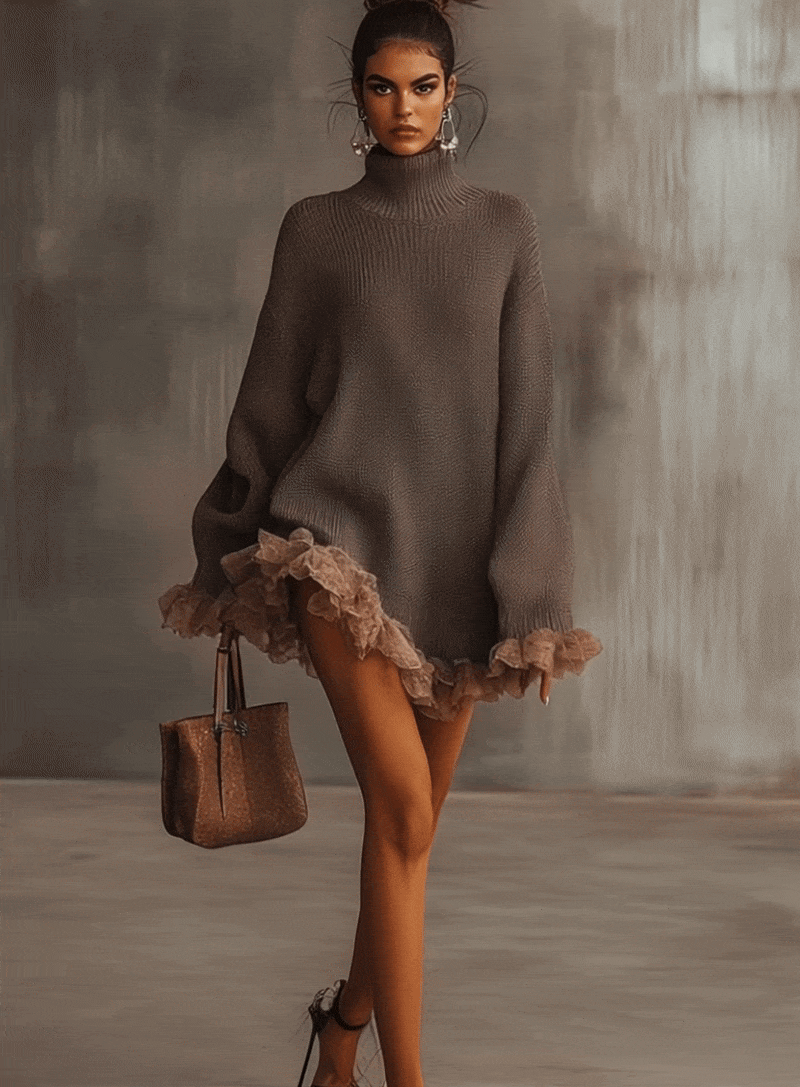 Brown Ruffled Hem Turtleneck Sweater Dress