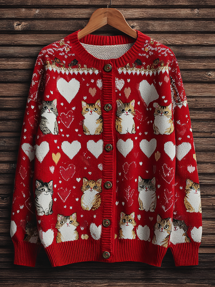 Valentine's Day Fun Cat Pattern Women's Round Neck Knit Sweater Coat