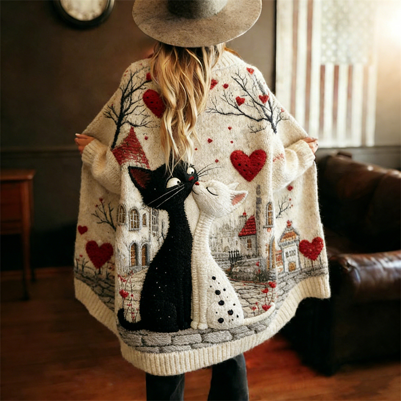 Valentine's Day Cats Lovers Kiss Cozy Knit Cardigan
