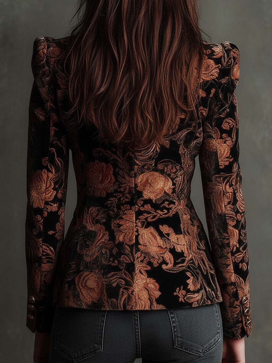 Velvet Floral Print Blazer In Black And Bronze