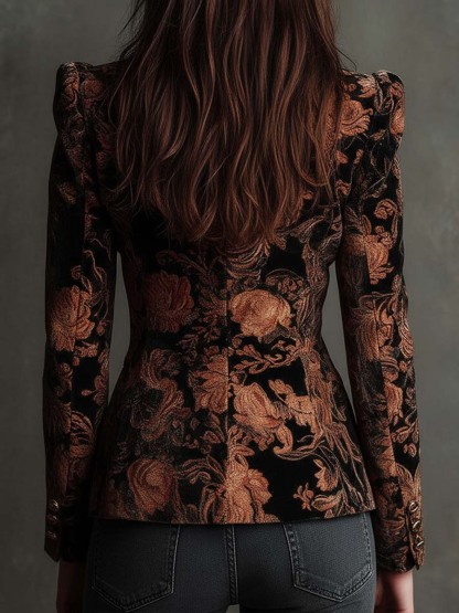 Velvet Floral Print Blazer In Black And Bronze