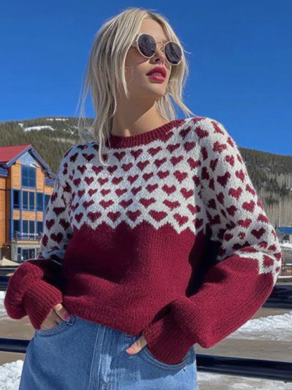 Women's Valentine's Day Heart Pattern Comfortable Knit Sweater