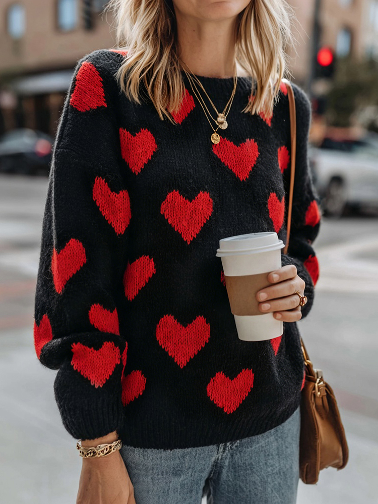 Casual Valentine's Day Hearts Pattern Cozy Knit Sweater