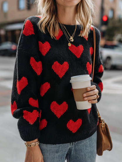 Casual Valentine's Day Hearts Pattern Cozy Knit Sweater