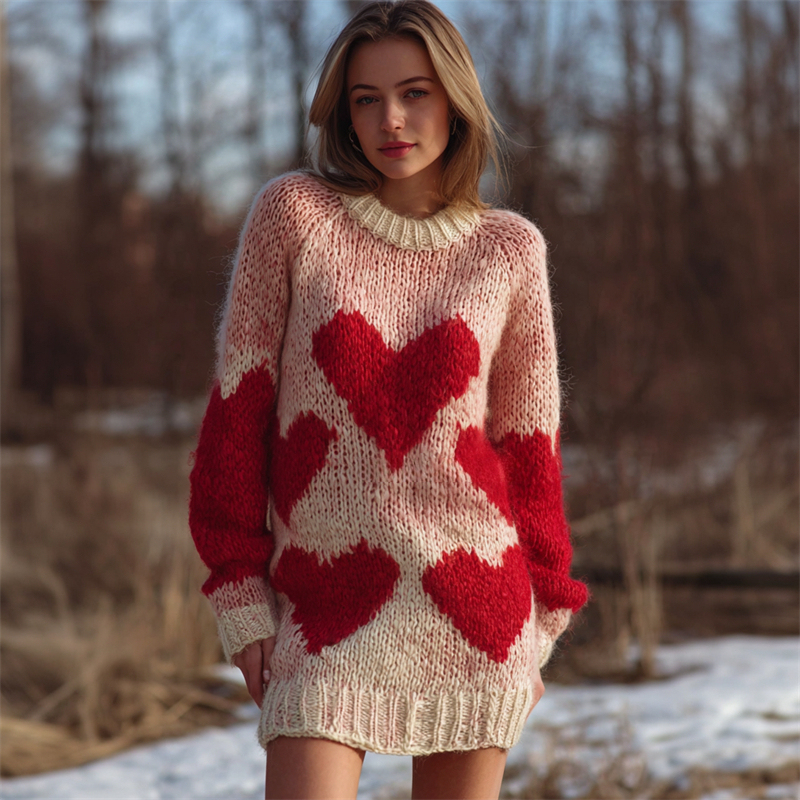 Vintage Valentine's Day Hearts Gradient Cozy Knit Sweater Dress