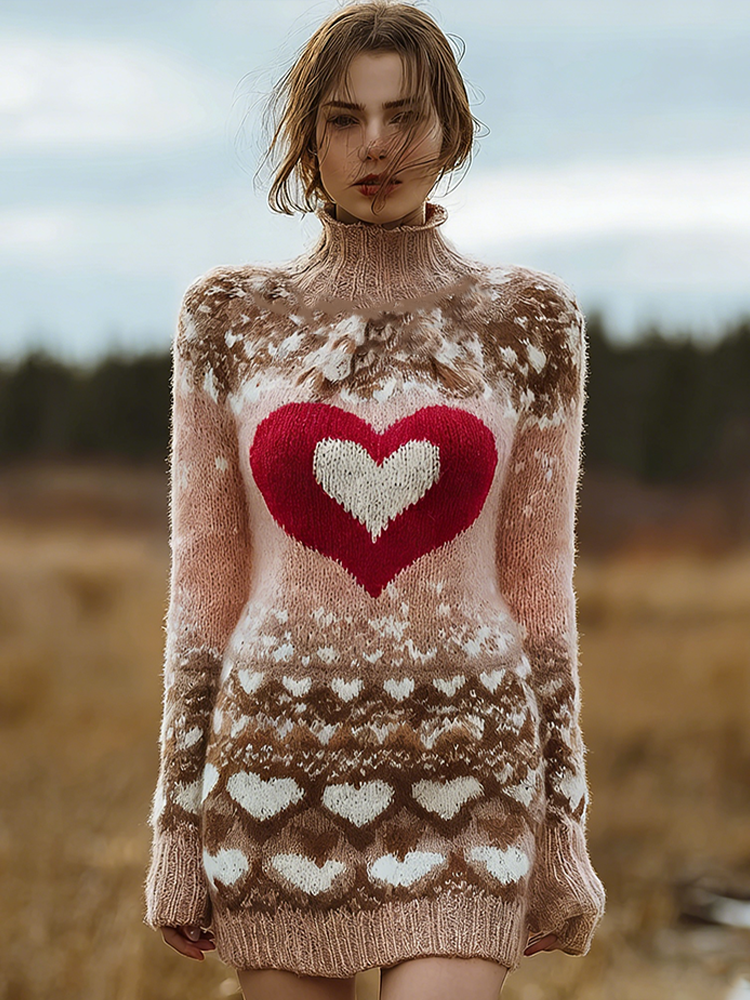 Valentine's Day Love Heart Pattern Women's High Neck Sweater Dress