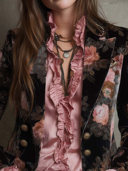 Elegant Rose Velvet Printed Lapel Blazer