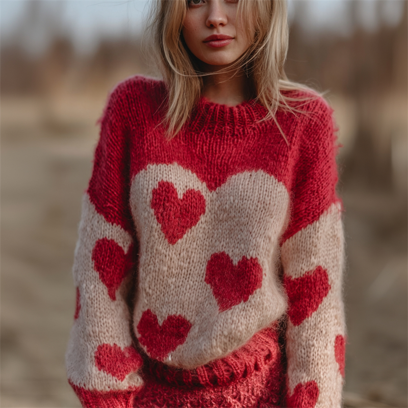 Vintage Valentine's Day Hearts Contrast Cozy Knit Sweater