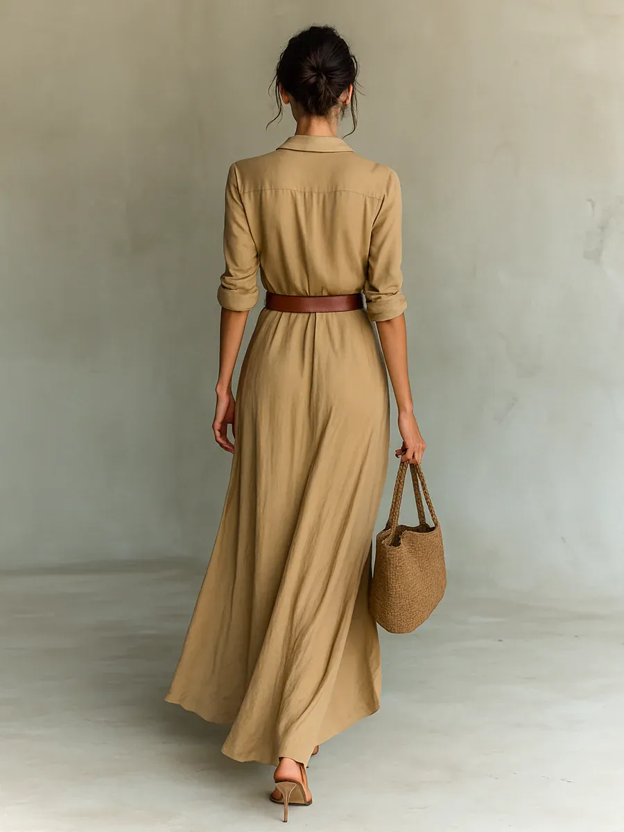 Ladies Lapel Single Breasted Long Sleeve Belted Maxi Dress