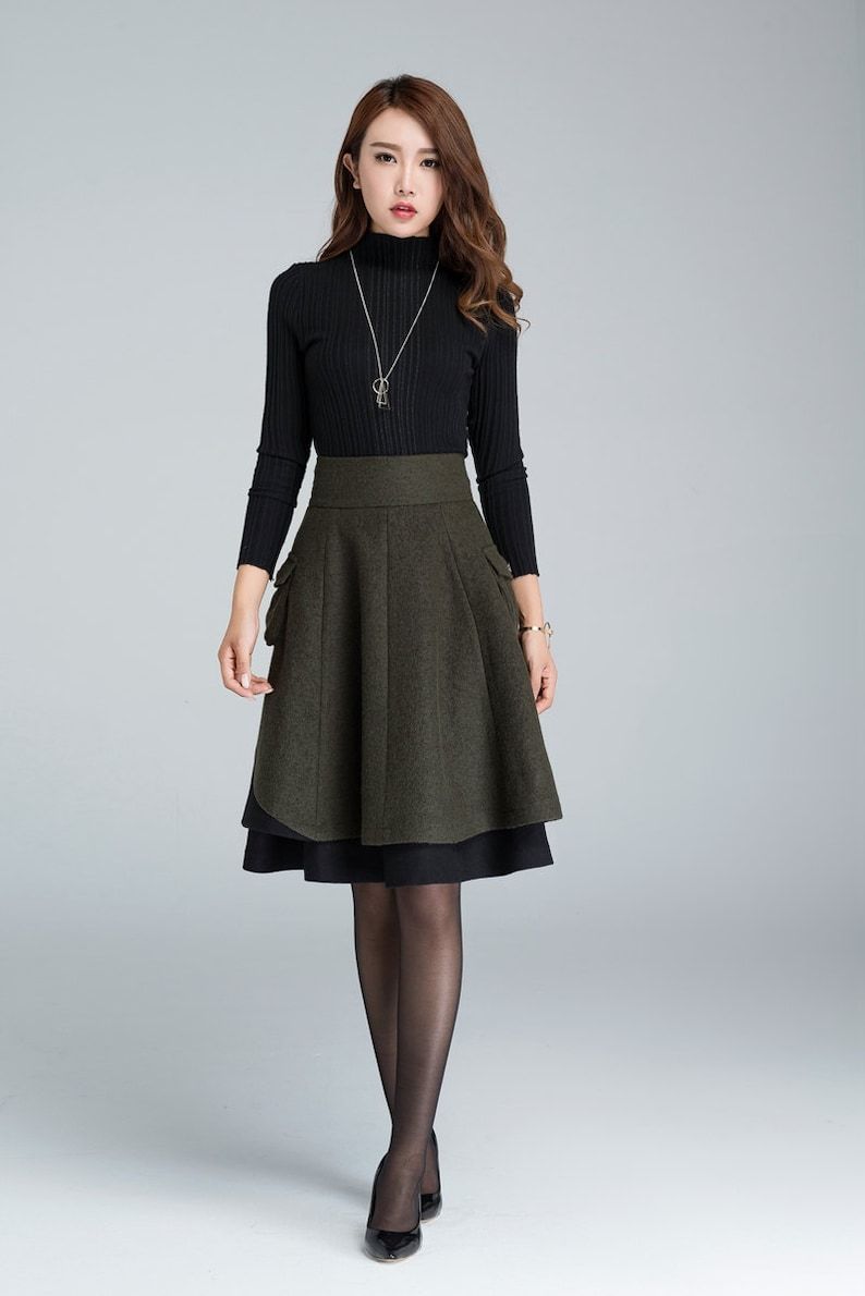 Winter Skater Wool Skirt Women, Wool Midi Skirt with Pockets, High Waist Layered Skirt, Patchwork Skirt, Wool Circle Skirt, Xiaolizi 1627