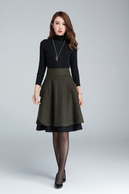 Winter Skater Wool Skirt Women, Wool Midi Skirt with Pockets, High Waist Layered Skirt, Patchwork Skirt, Wool Circle Skirt, Xiaolizi 1627