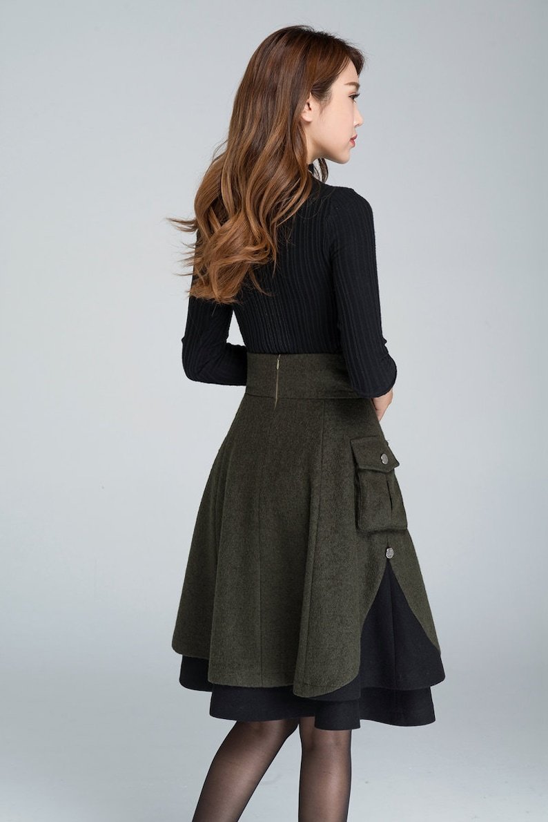 Winter Skater Wool Skirt Women, Wool Midi Skirt with Pockets, High Waist Layered Skirt, Patchwork Skirt, Wool Circle Skirt, Xiaolizi 1627