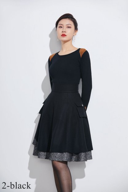 Winter Skater Wool Skirt Women, Wool Midi Skirt with Pockets, High Waist Layered Skirt, Patchwork Skirt, Wool Circle Skirt, Xiaolizi 1627
