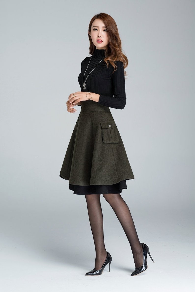 Winter Skater Wool Skirt Women, Wool Midi Skirt with Pockets, High Waist Layered Skirt, Patchwork Skirt, Wool Circle Skirt, Xiaolizi 1627