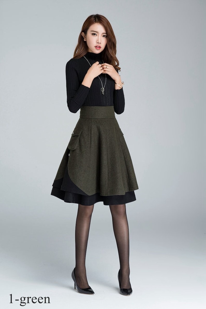 Winter Skater Wool Skirt Women, Wool Midi Skirt with Pockets, High Waist Layered Skirt, Patchwork Skirt, Wool Circle Skirt, Xiaolizi 1627
