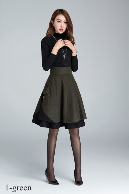 Winter Skater Wool Skirt Women, Wool Midi Skirt with Pockets, High Waist Layered Skirt, Patchwork Skirt, Wool Circle Skirt, Xiaolizi 1627