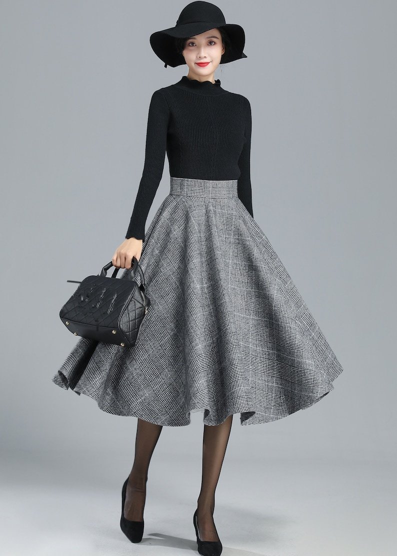 High Waist Plaid Wool Skirt Women, Full Circle Skirt, Swing Flared Ski