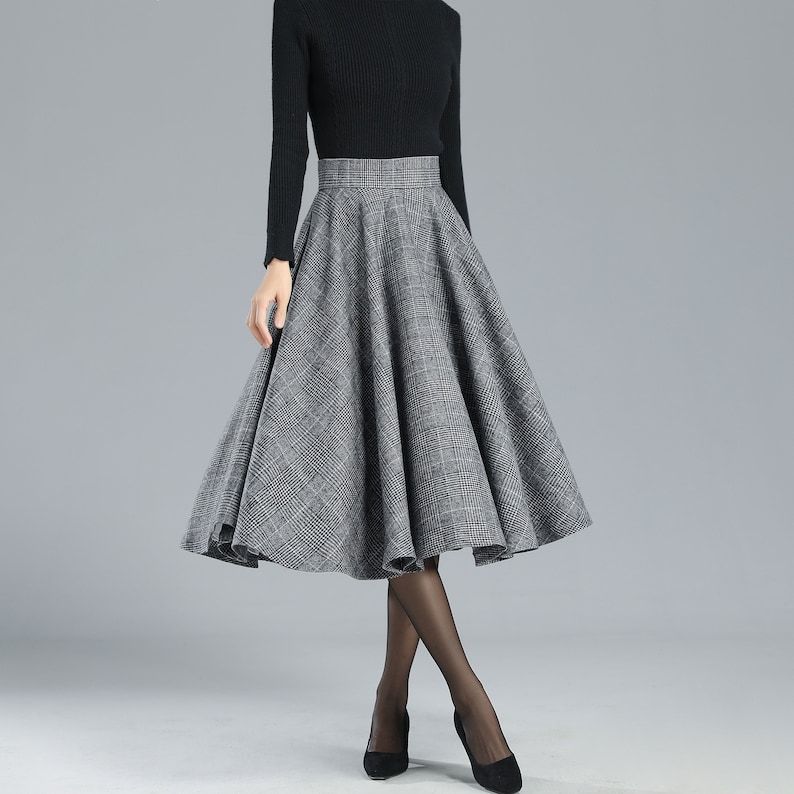 High Waist Plaid Wool Skirt Women, Full Circle Skirt, Swing Flared Skirt, Pleat A-Line Skirt, Tartan Fall Winter Midi Skirt 3245
